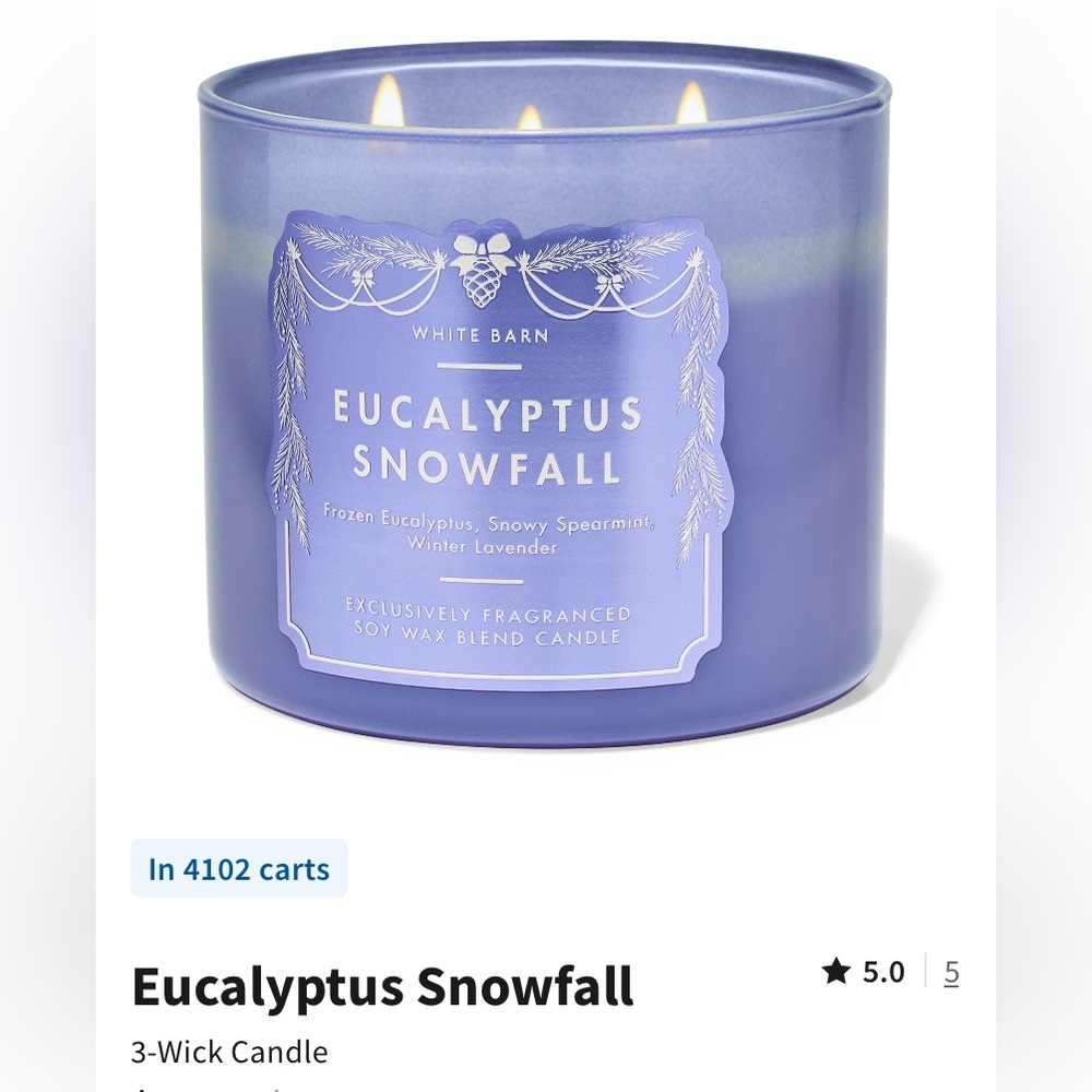 2/$34 “Eucalyptus Snowfall” 3-Wick Candle by Bath & Body Works, 14.5 oz, NWT